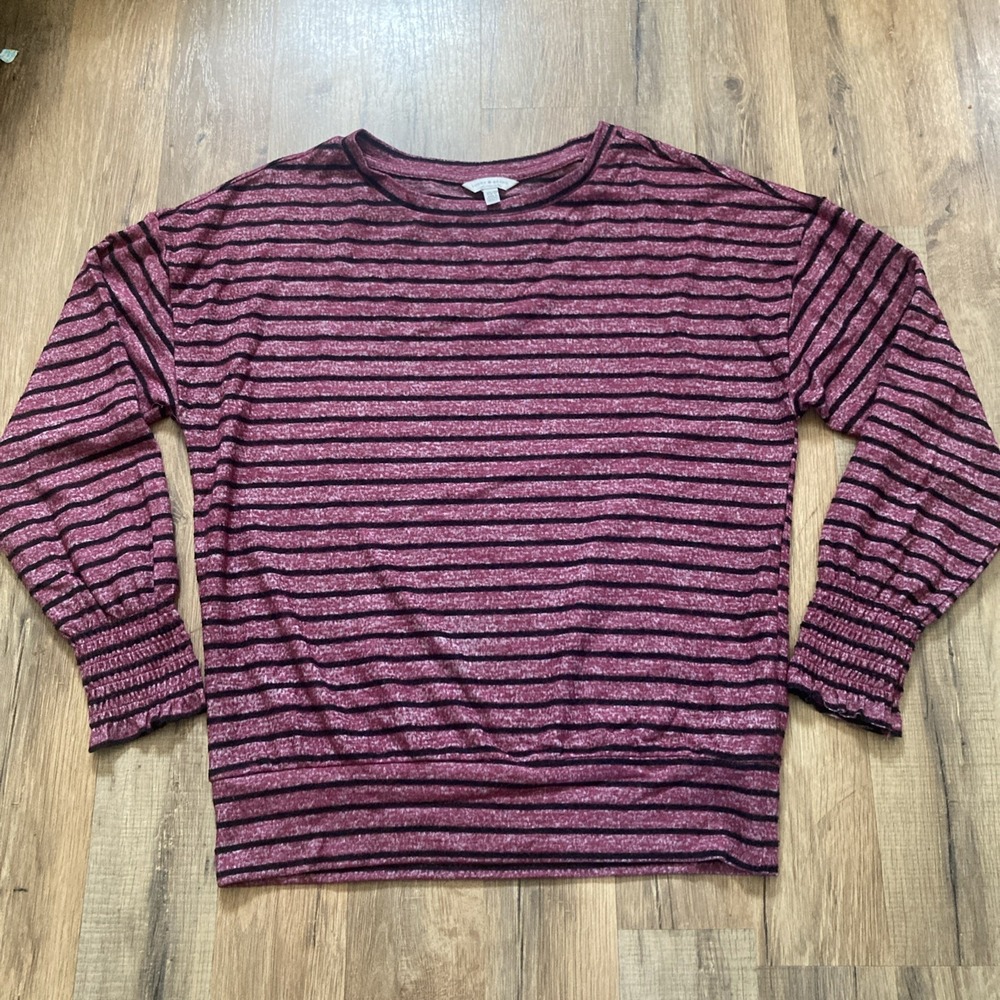 Lucky Brand Long Sleeve Womens Red Black Striped Shirt Blouse Size XS Soft